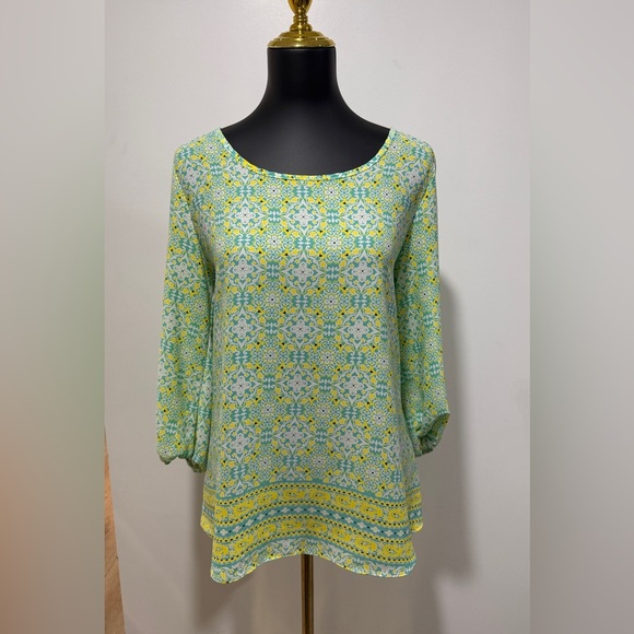 Moa Moa Tops - Moa Moa Green and Yellow Patterned Blouse